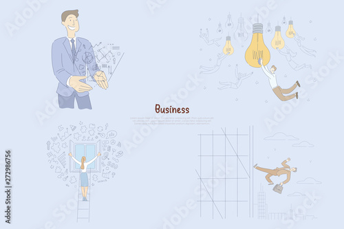 Successful businessman generating ideas, male and female entrepreneurs planning and managing business projects banner