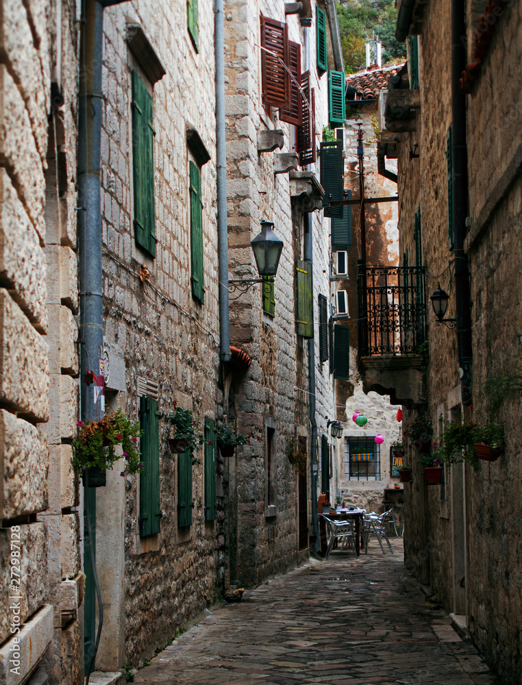 Narrow street in the old town of Kotor. Montenegro