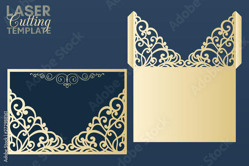 Laser cut pocket envelope template with lace pattern. Wedding invitation or greeting card with abstract ornament. Suitable for greeting cards, invitations, menus.