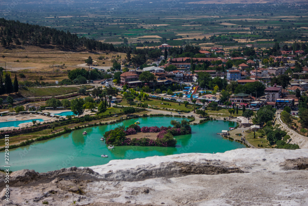View of the azure lake from the top of Pamukkale.
