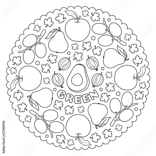 Coloring page mandala for kids with GREEN apples, pears, avocado, olives and gooseberry. Vector Illustration.