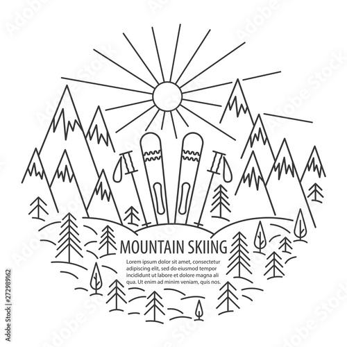 Mountains skiing line icon