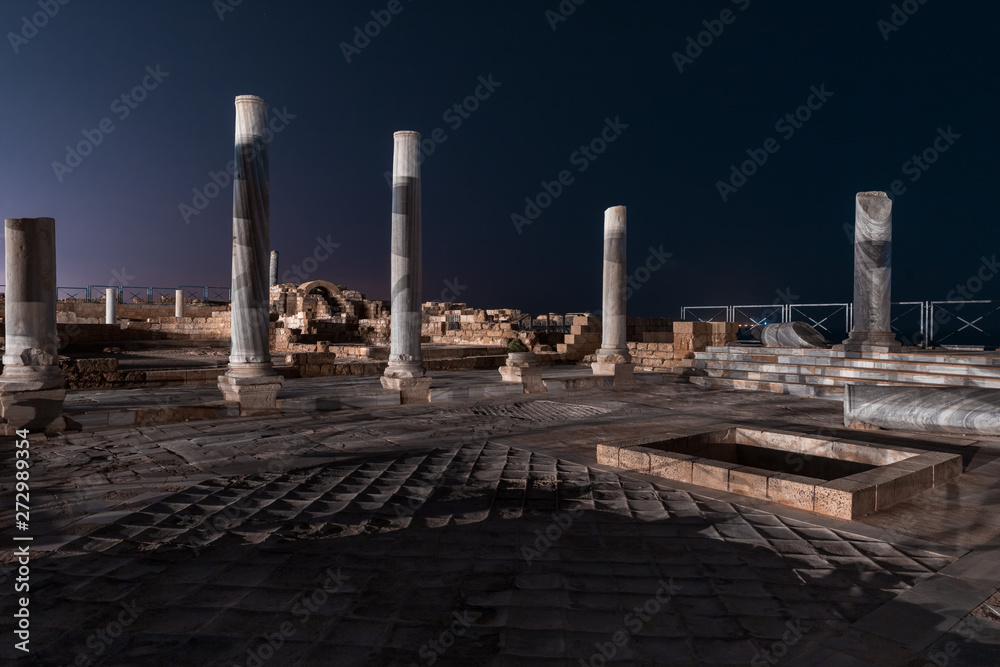 Night view of the ruins of Caesarea city on the Mediterranean coast, which was built by the king of Judea, Herod the Great, in honor of the Roman emperor Caesar Augustus Night view of the ruins of Caesarea city on the Mediterranean coast, which was built by the king of Judea, Herod the Great, in honor of the Roman emperor Caesar Augustus
