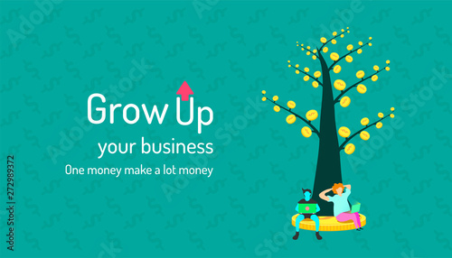 money tree. grow up your business. one coin make a lot coin. two human analyzing and increase your affluent scope. business marketing concept. vector illustration eps10
