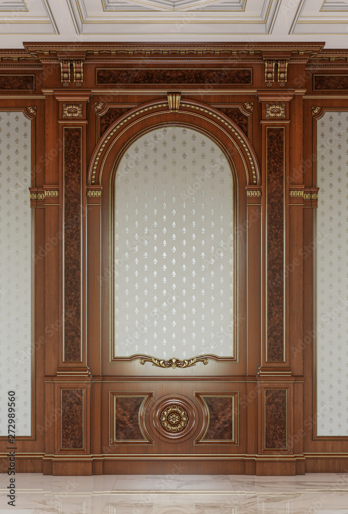 Wooden carved panels in a classic style. 3d rendering