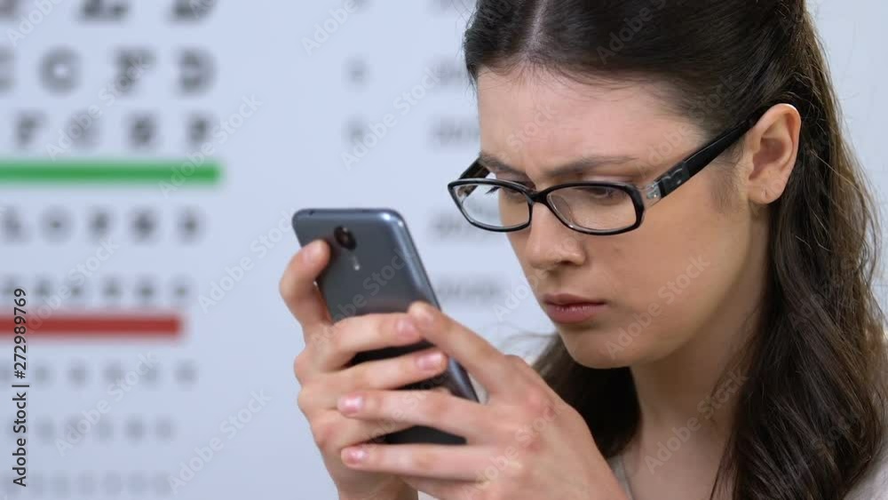 Woman in eye glasses consulting ophthalmologist online, modern clinic service