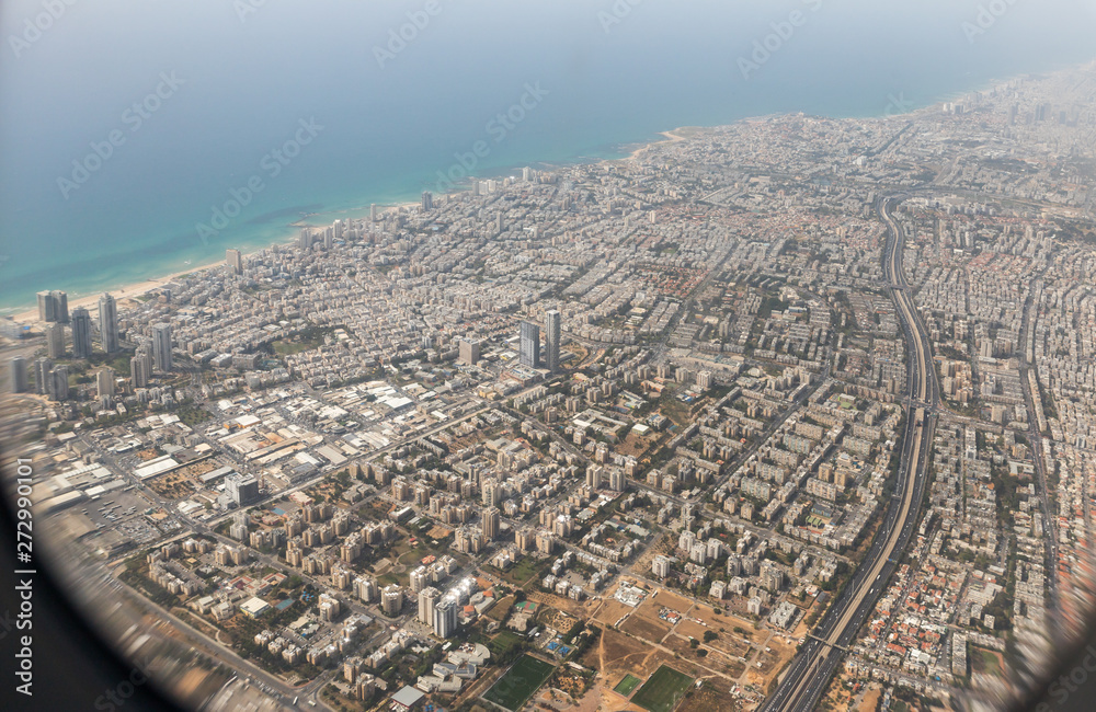 Fototapeta premium View of Tel Aviv city from the window of a flying airplane, Tel Aviv in Israel