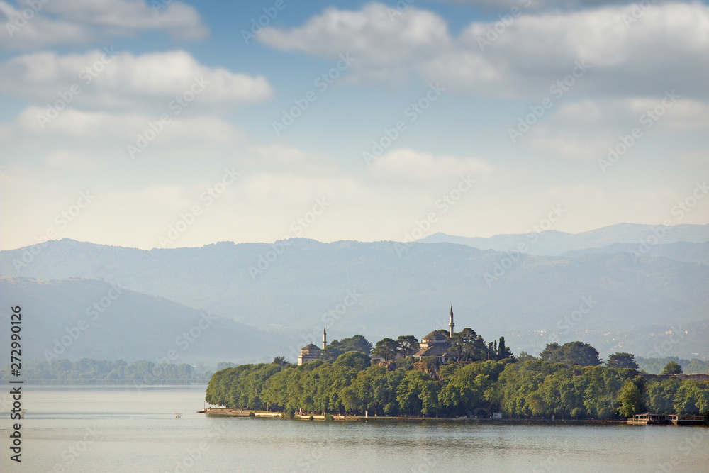 Ioannina lake and Mosques towers in morning landscape Greece