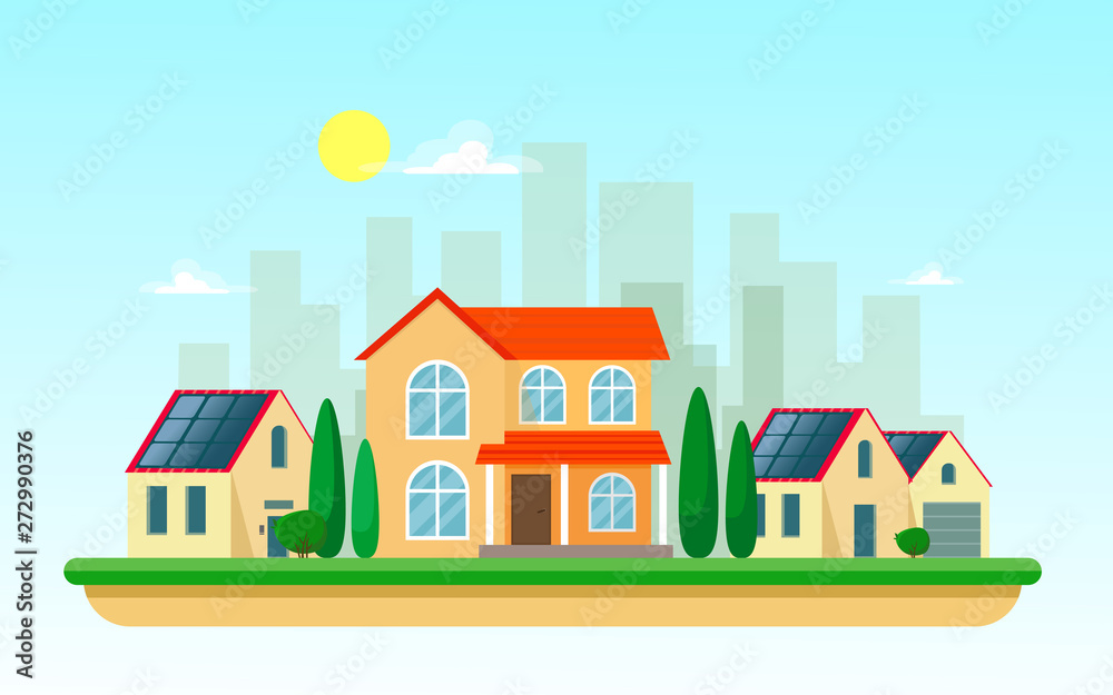 Vector illustration of clean electric energy from renewable sources of sun on white backgound. Power plant buildings with solar panels on a cityscape cityscape and country houses Vector illustration of clean electric energy from renewable sources of sun on white backgound. Power plant buildings with solar panels on a cityscape cityscape and country houses