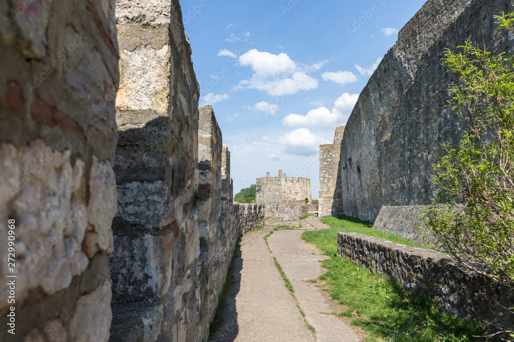 The passage  near the fortress wall in the ruins of the Smederevo fortress, standing on the banks of the Danube River in Smederevo town in Serbia.