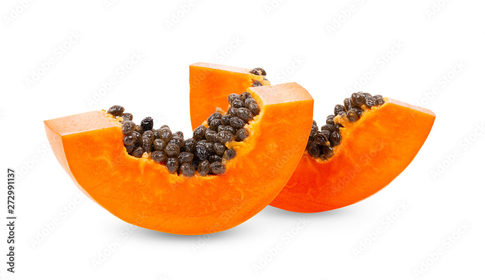 Piece of ripe papaya fruit with seeds isolated on white background Piece of ripe papaya fruit with seeds isolated on white background