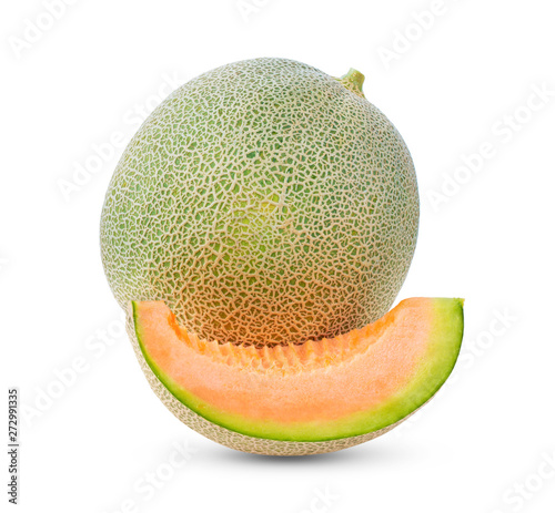 whole and slice of japanese melons, or cantaloupe isolated on white background
