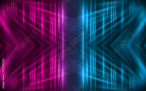 Dark abstract futuristic background. Neon lines, glow. Neon lines, shapes. Pink and blue glow