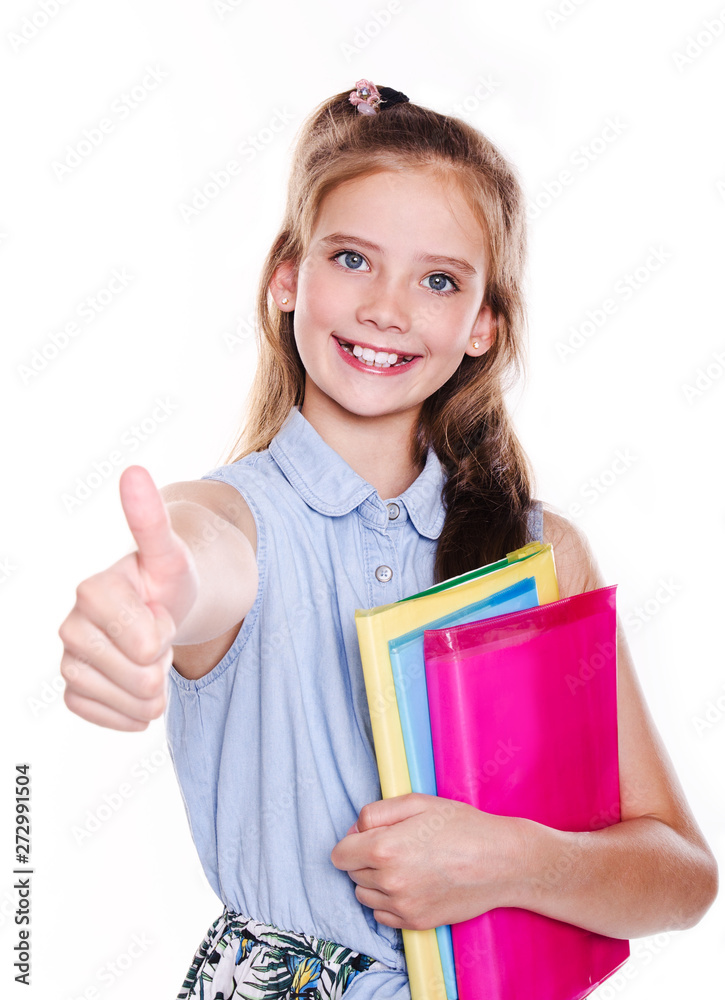 Portrait of cute smiling happy little school girl child teenager with finger up and books isolated Portrait of cute smiling happy little school girl child teenager with finger up and books isolated