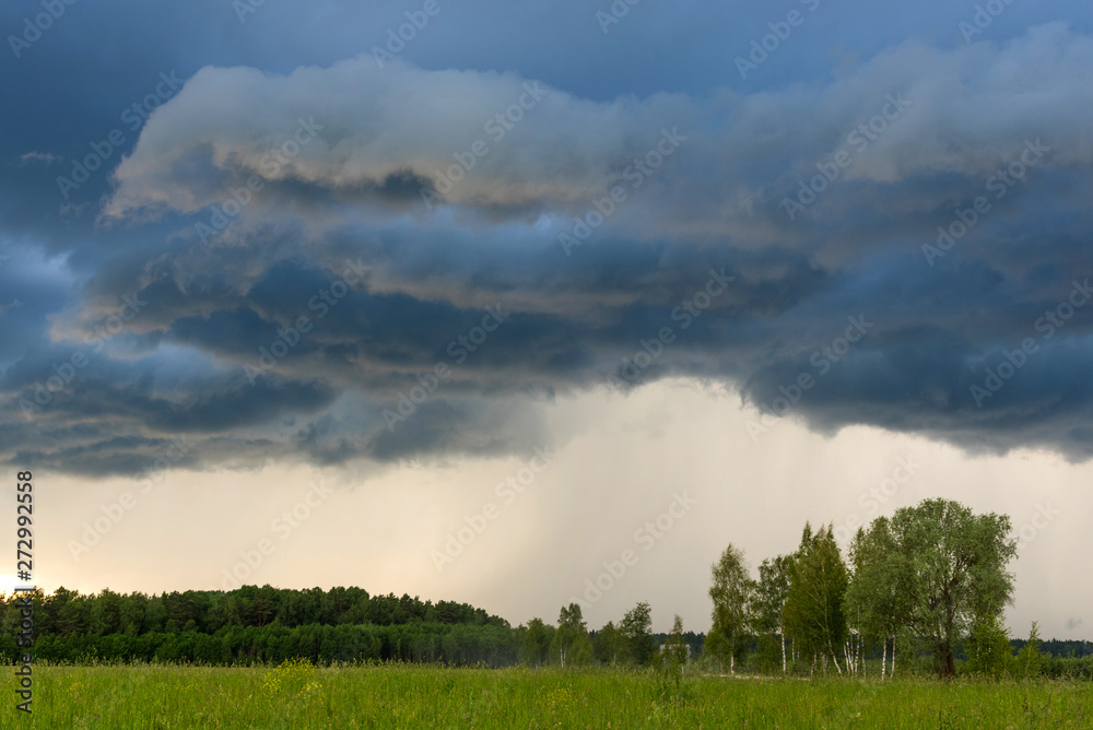 Rural landscape green field with dramatic sky. Grey dark sky before thunderstorm in summer.