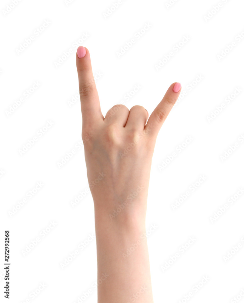 fist with raised index finger and little finger on white background fist with raised index finger and little finger on white background