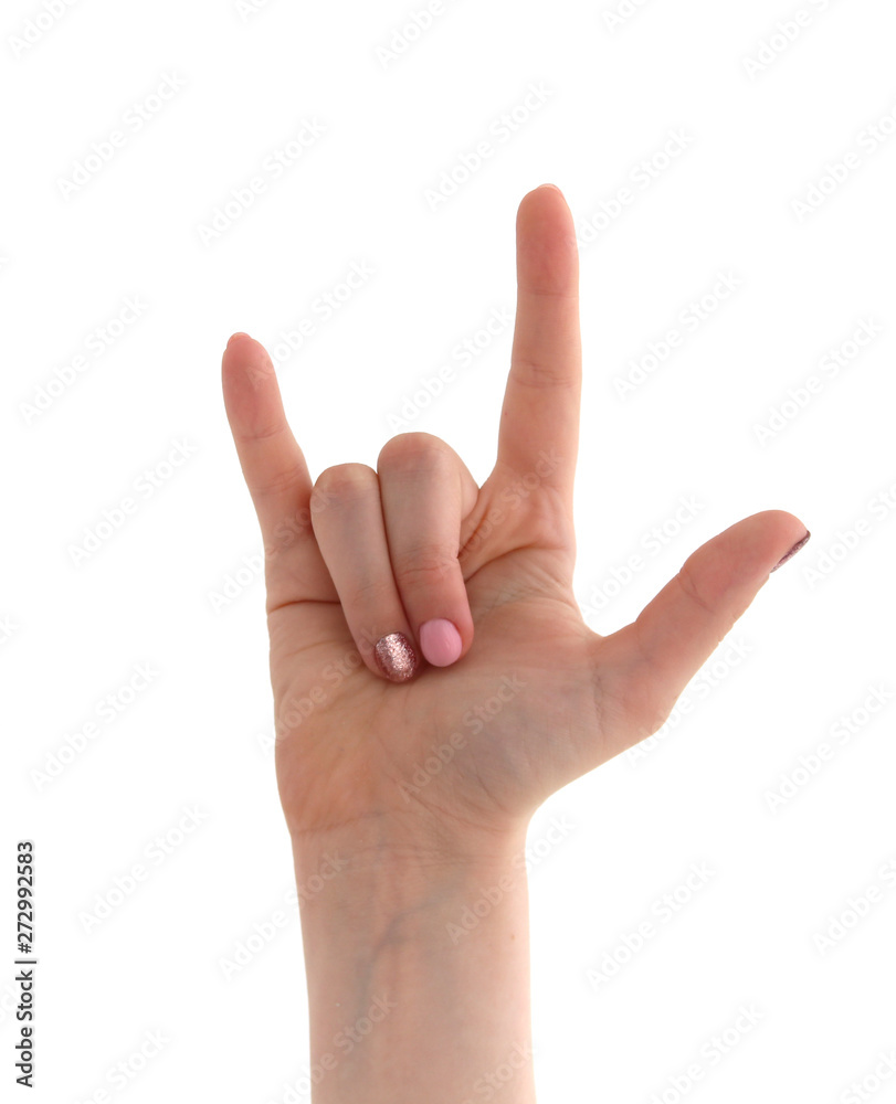 fist with raised index finger and little finger on white background fist with raised index finger and little finger on white background