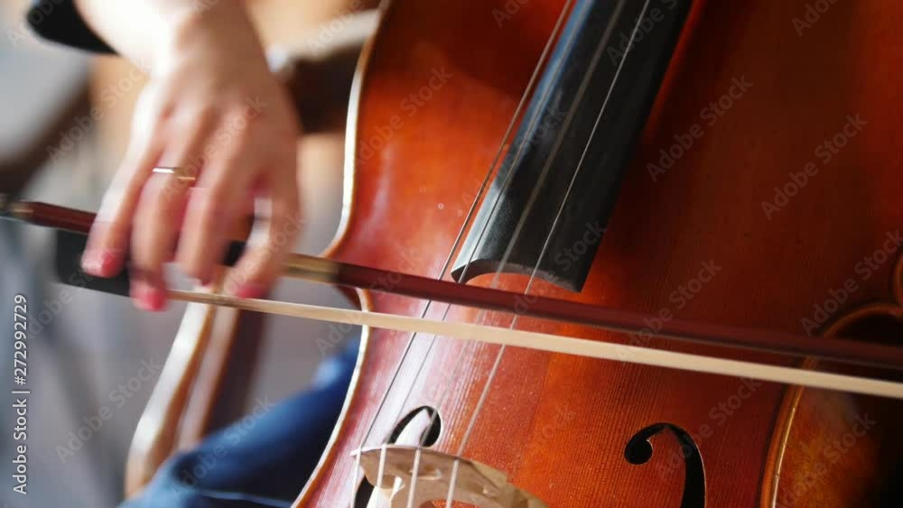Woman with cello bows on strings in close-up Woman with cello bows on strings in close-up