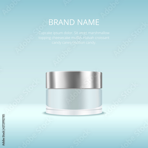 Blank realistic cream container. Ads template, mockup, cosmetic package, jar vector illustration on blue background