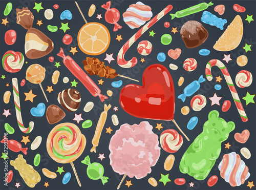 Confectionery products, delicious desserts, caramel sticks, chocolate sweets, marshmallow, fruity marmalade, tasty lollipops set