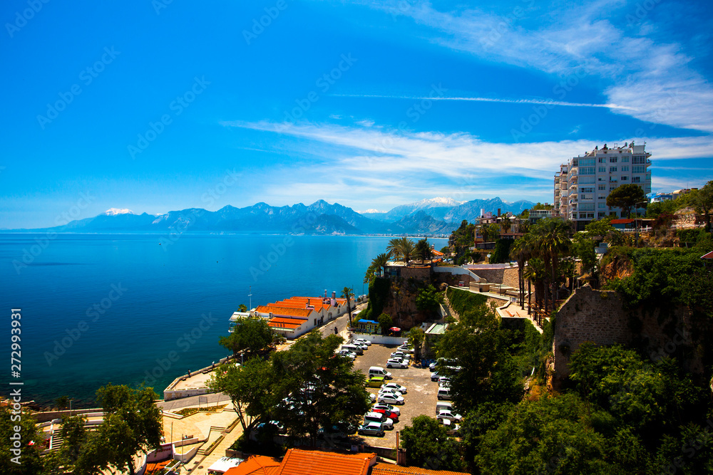 Beautiful view of the Mediterranean Sea, the mountains and the city with buildings. Turkey, Antalya.