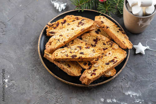 Traditional italian cookies biscotti with dried cranberry and nuts. Christmas cookies.
