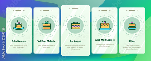 Sweet Cheesecakes, Bakery Vector Onboarding Mobile App Page Screen. Pastry. Birthday Party Cakes, Biscuits, Pies. Dessert Cookies. Confectionery Illustrations