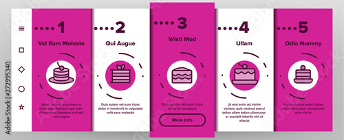 Sweet Cheesecakes, Bakery Vector Onboarding Mobile App Page Screen. Pastry. Birthday Party Cakes, Biscuits, Pies. Dessert Cookies. Confectionery Illustrations