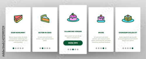 Sweet Cheesecakes, Bakery Vector Onboarding Mobile App Page Screen. Pastry. Birthday Party Cakes, Biscuits, Pies. Dessert Cookies. Confectionery Illustrations