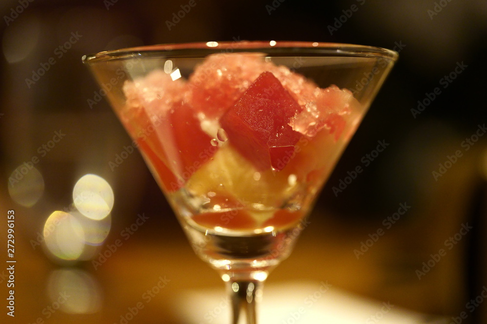 Fine dining dessert in a cocktail glass