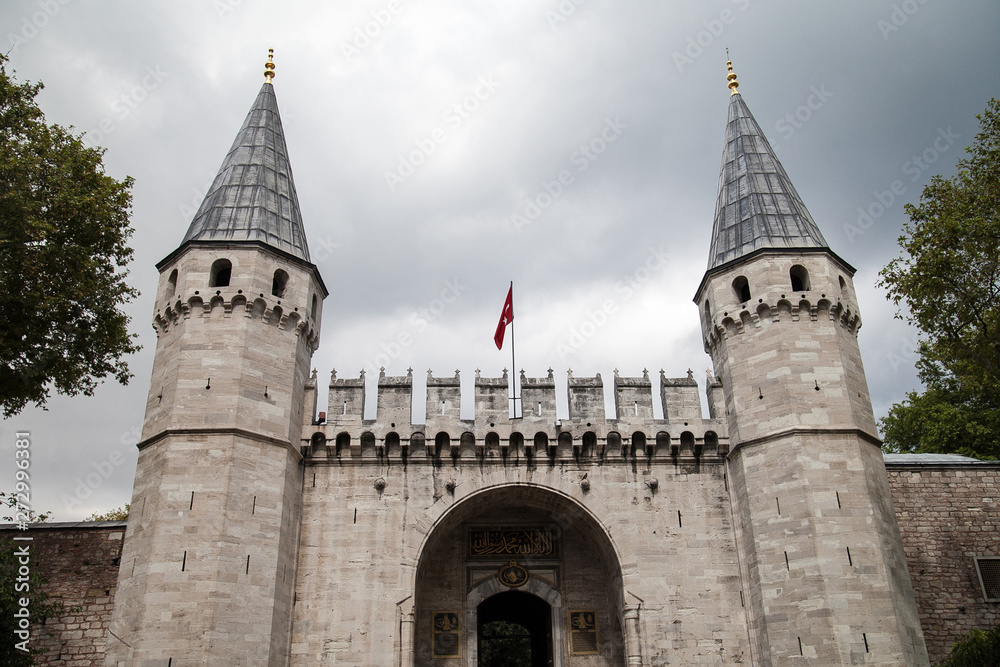 Topkapi Palace in Istanbul. Ancient architecture. Cloudy weather.