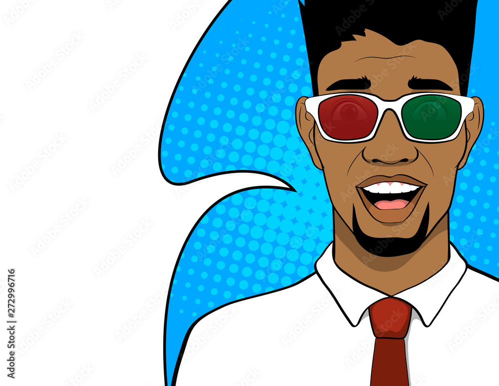 Happy African man in 3D glasses. Advertising poster template. Cinema