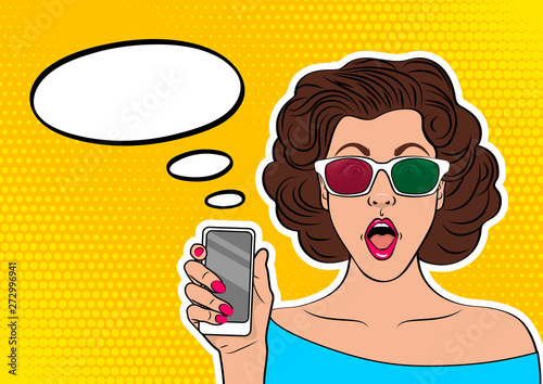Pop art woman woman in 3D glasses with smartphone. Template advertising poster mobile app. Vector illustration in comic style