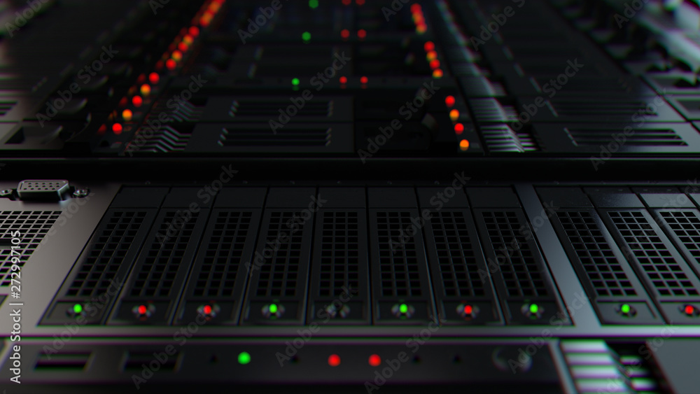 3d render background with. Technology theme. Abstract detailed server rack.