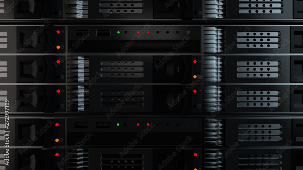 3d render background with. Technology theme. Abstract detailed server rack.