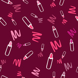 Cute seamless pattern with lipstick. Vector illustration in maroon tones.