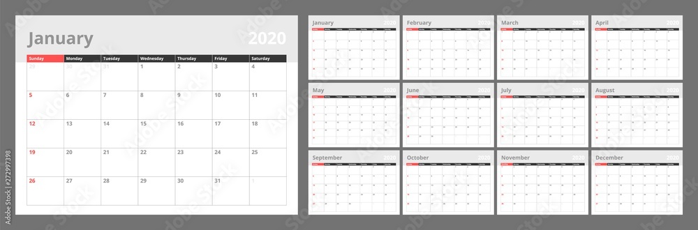 Calendar for 2020 new year in clean minimal table simple style. Week Starts on Sunday. Set of 12 Months.