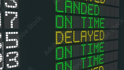 Delayed flight airport table sign, international arrivals air schedule delay