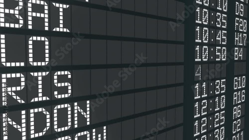 Cancelled flight airport table sign, international departures schedule cancel