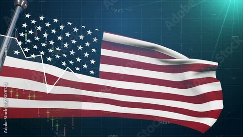 USA flag on stock market background, trade finances NYSE NASDAQ, dollar currency