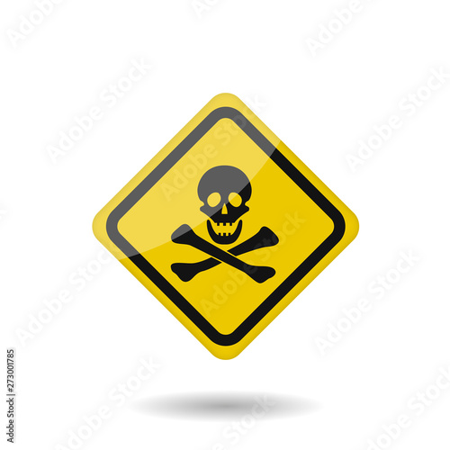 Danger vector sign. Yellow warning badge, Skull and bones Vector illustration