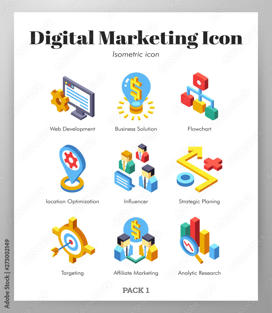 Fototapeta premium Digital marketing icons Isometic pack