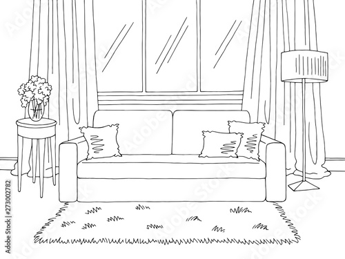 Living room graphic black white interior sketch illustration vector