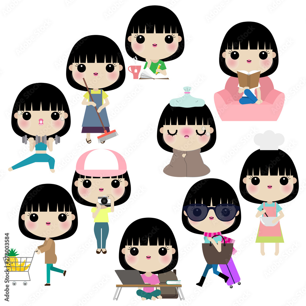 Vector illustration of woman or girl in different lifestyle activities such as cooking, working, reading, cleaning, being sick, traveling,studying,exercising, shopping,taking photos. Vector illustration of woman or girl in different lifestyle activities such as cooking, working, reading, cleaning, being sick, traveling,studying,exercising, shopping,taking photos.