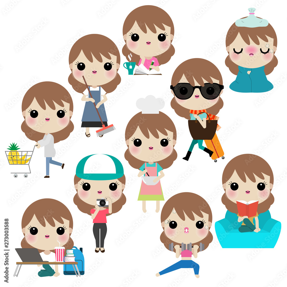 Vector illustration of woman or girl in different lifestyle activities such as cooking, working, reading, cleaning, being sick, traveling,studying,exercising, shopping,taking photos. Vector illustration of woman or girl in different lifestyle activities such as cooking, working, reading, cleaning, being sick, traveling,studying,exercising, shopping,taking photos.