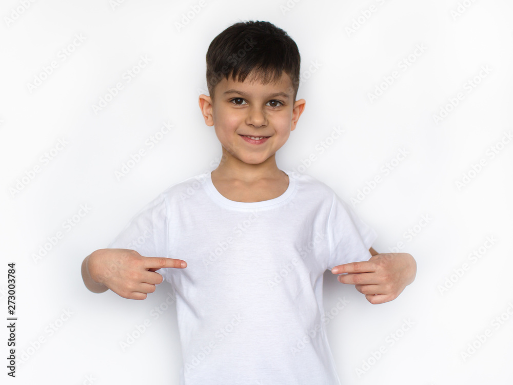 little smiling boy in white t-shirt isolated on white, t shirt design concept little smiling boy in white t-shirt isolated on white, t shirt design concept
