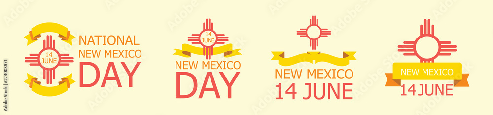 Set of label, sign for National New Mexico Day June 14. Symbol of New Mexico vector is presented. Poster, card, banner, background clorful design with ribbons.