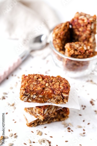 fruit nut bars, useful components, for healthy concept. Light background