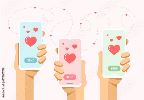 Smartphone mockup in human hand. Social media communication all around the world. Love message send button. Vector flat colorful technology illustration