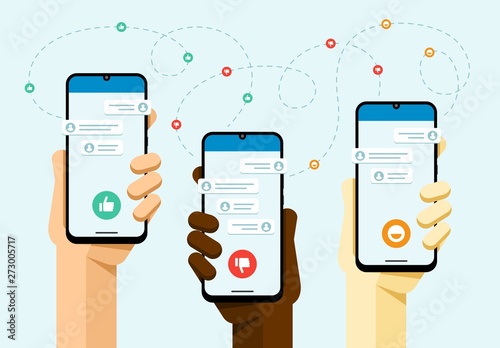 Smartphone mockup in human hand. Social media communication with a lot of peoples. Like, dislike, smile button. Vector flat colorful technology illustration